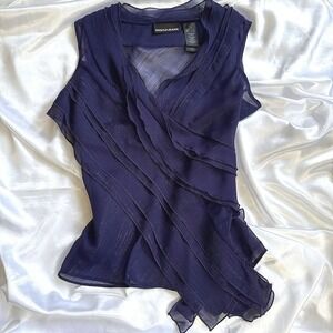 DKNY Jeans Womens Navy Blue Ruffle Tiered Sheer Metallic Pinstripe V-Neck Top S